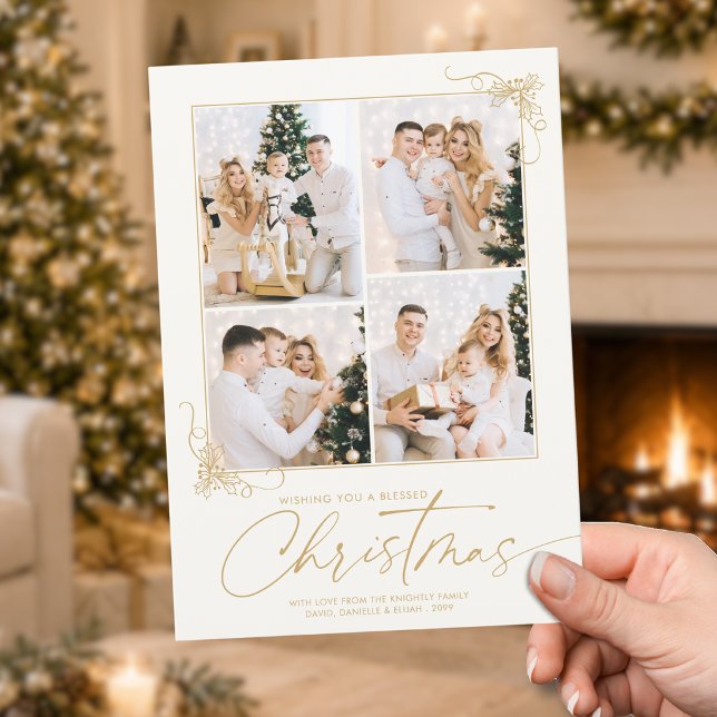 Christmas Gold Hand-Drawn Script 4 Photos Holiday Card (Creator Uploaded)