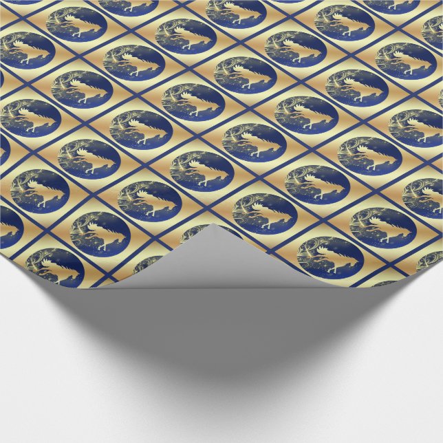 Christmas Gold Horse On Blue In Gold Squares Wrapping Paper (Corner)