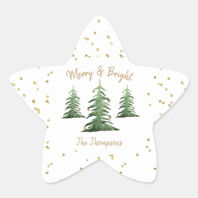 Christmas, Gold, Merry, Bright,  Star Sticker (Front)
