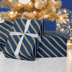 Christmas gold navy blue oblique Stripes pattern  Wrapping Paper