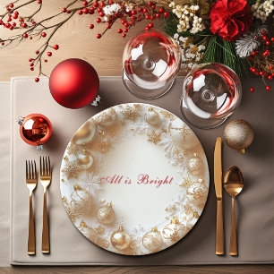 Christmas Gold Ornaments,Snowflakes All is Bright Paper Plate