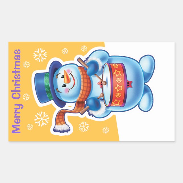 Christmas gold rectangle sticker Snowman drummer. (Front)