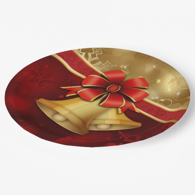 Christmas Gold Red Bell Paper Plate (Angled)