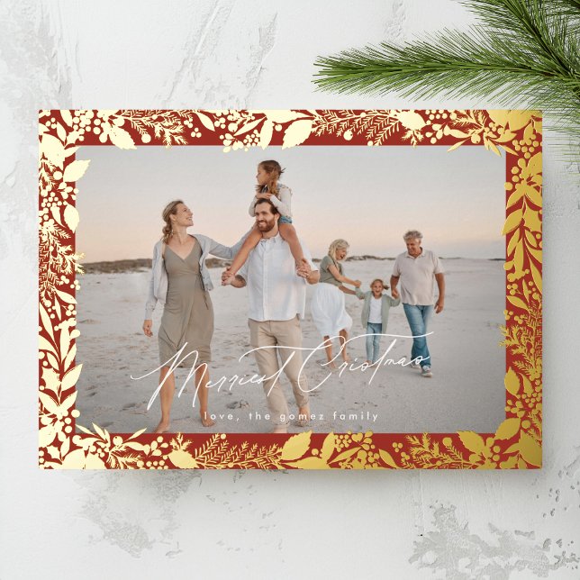 Christmas Gold Red Botanical Frame Merriest Photo (Creator Uploaded)