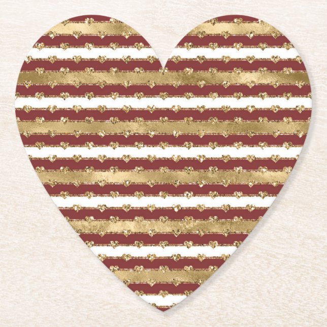 Christmas Gold Red White Stripes Glitter Hearts Paper Coaster (Front)