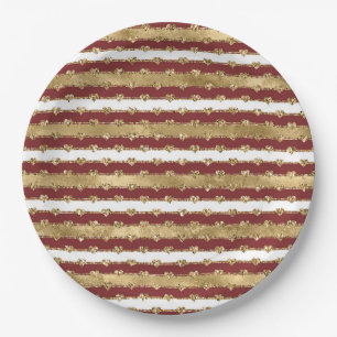 Christmas Gold Red White Stripes Glitter Hearts Paper Plate