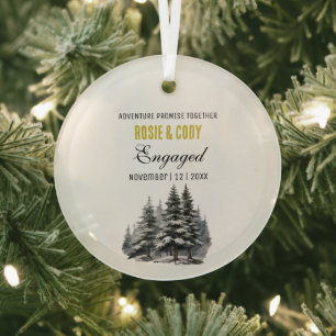 Christmas Gold Rustic Pine Trees Couple Engaged Glass Tree Decoration