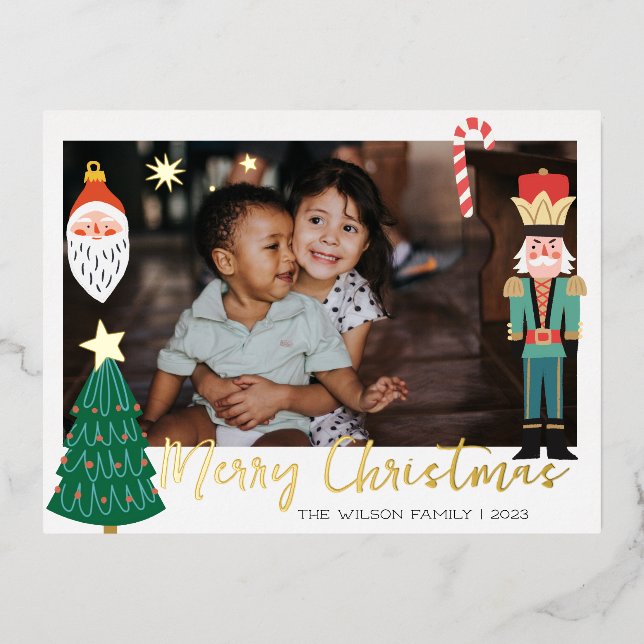 Christmas Gold Santa Nutcracker Cute Family Photo Foil Invitation Postcard (Front)
