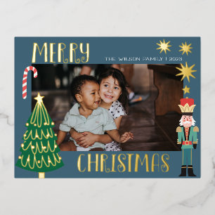 Christmas Gold Santa Nutcracker Cute Family Photo Foil Invitation Postcard