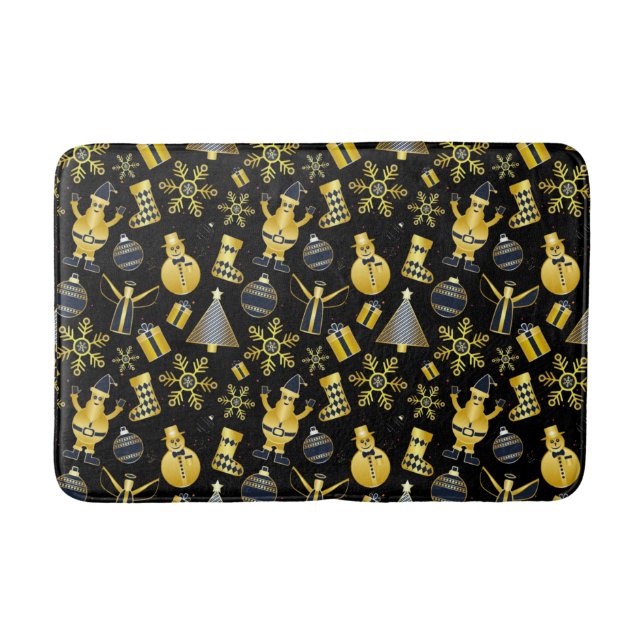 Christmas Gold Santa Snowman Stocking Gift Pattern Bath Mat (Front)