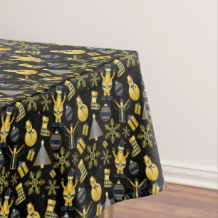 Christmas Gold Santa Snowman Stocking Pattern Tablecloth