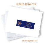 Christmas gold snowflake navy guest address labels<br><div class="desc">Personalised Christmas mailing individual name and address shipping labels with an elegant gold copper snowflake and a chic trendy bold typography script over a dark navy background.</div>