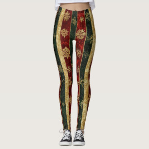 Christmas Gold Snowflake Red Green Stripes Leggings