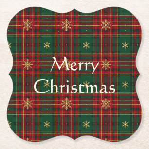 Christmas Gold Snowflake Tartan Plaid Coaster