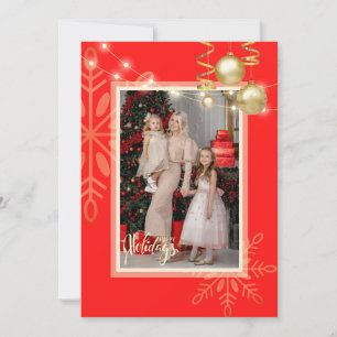 Christmas, gold snowflakes, red happy holidays  thank you card