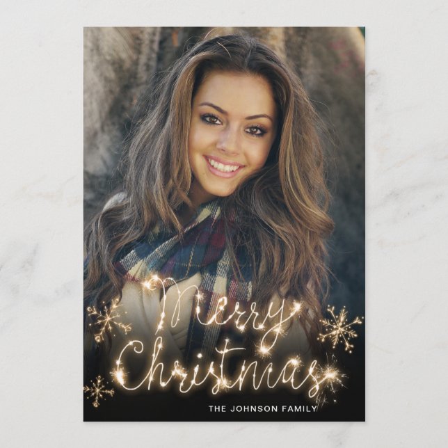 Christmas Gold Sparkle Script PHOTO Greeting Holiday Card (Front)