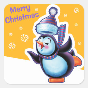 Christmas gold square sticker Penguin skating.