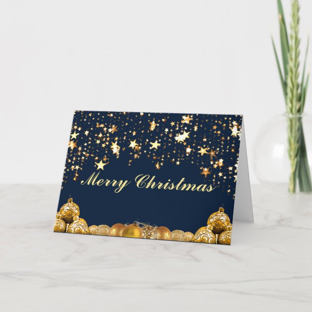 Christmas Gold Stars, Baubles, Tree and Message Holiday Card (Front)