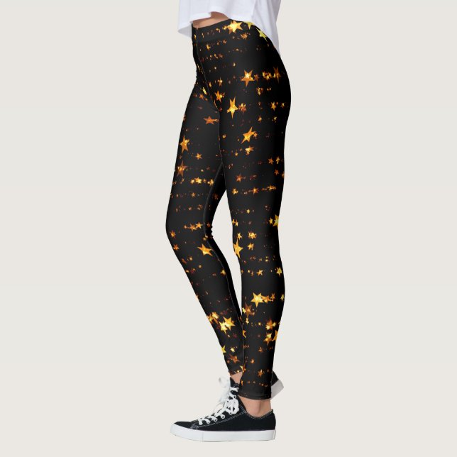 Christmas Gold Stars Festive pattern Black Leggings (Left)