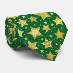Christmas Gold Stars on Green Damask Pattern Tie