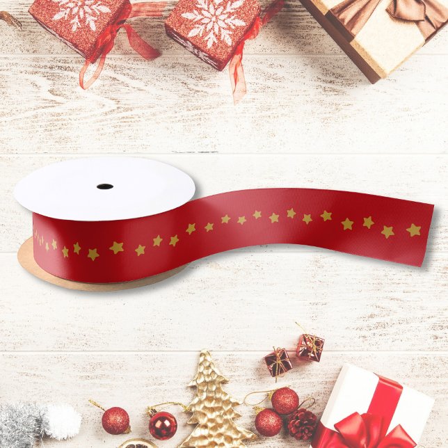 Christmas Gold Stars Pattern Red Satin Ribbon (Creator Uploaded)