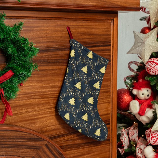 Christmas Gold Stars, Tree. Baubles Lined Blue Large Christmas Stocking (Christmas Gold Stars, Tree. Baubles Lined Blue Large Christmas Stocking)