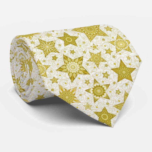 Christmas Gold Stars with Damask Pattern Tie (Rolled)