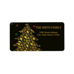 Christmas Gold Tree with Black Background Label