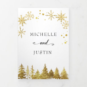 Christmas Gold Woodland Pine Trees Wedding Tri-Fold Invitation