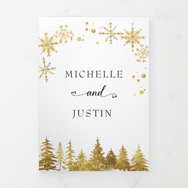 Christmas Gold  Woodland Pine Trees Wedding Tri-Fold Invitation (Cover)