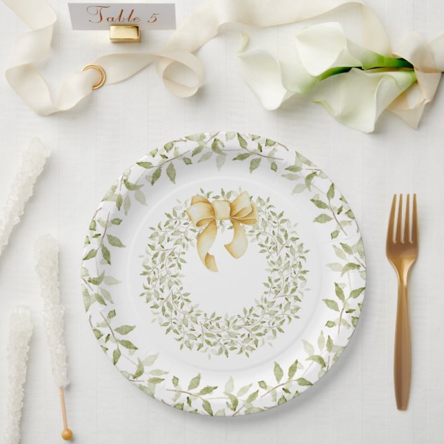 Christmas Gold Wreath Elegant Country Holiday Paper Plate (Wedding)