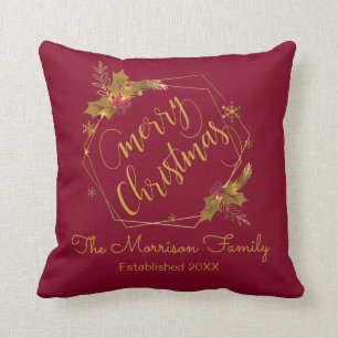 Christmas Gold Wreath Personalized Family Name Cushion