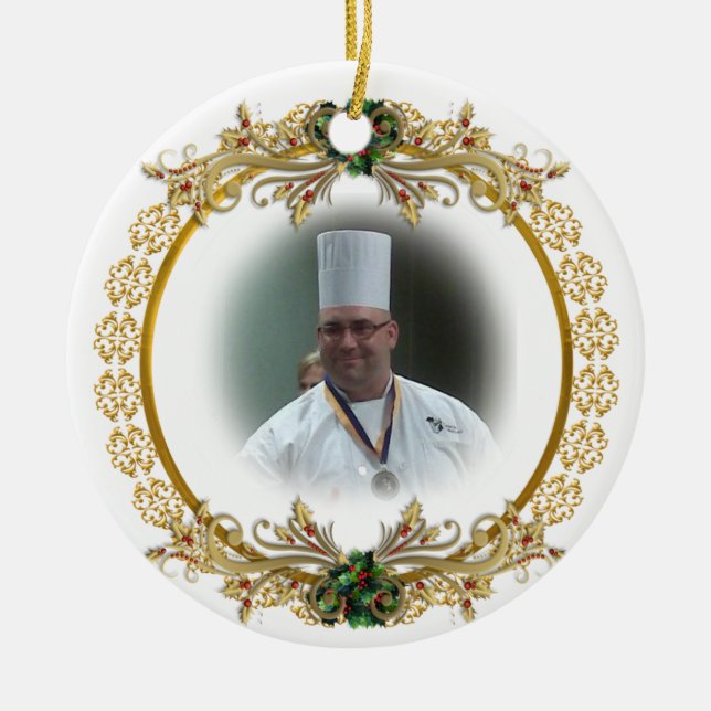 Christmas gold wreath Photo ornament, Ceramic Tree Decoration (Front)