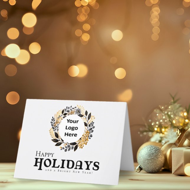 Christmas Gold Wreath QR Code Corporate Happy Holiday Card (Elegant Christmas Black Gold Wreath Corporate Holiday Business Card with QR Code - Happy Holidays)