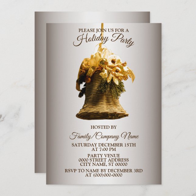 Christmas Golden Bell Yellow Flower Holidays Party Invitation (Front/Back)