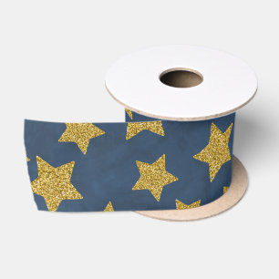 Christmas Golden Glitter Star on Watercolor Blue Satin Ribbon