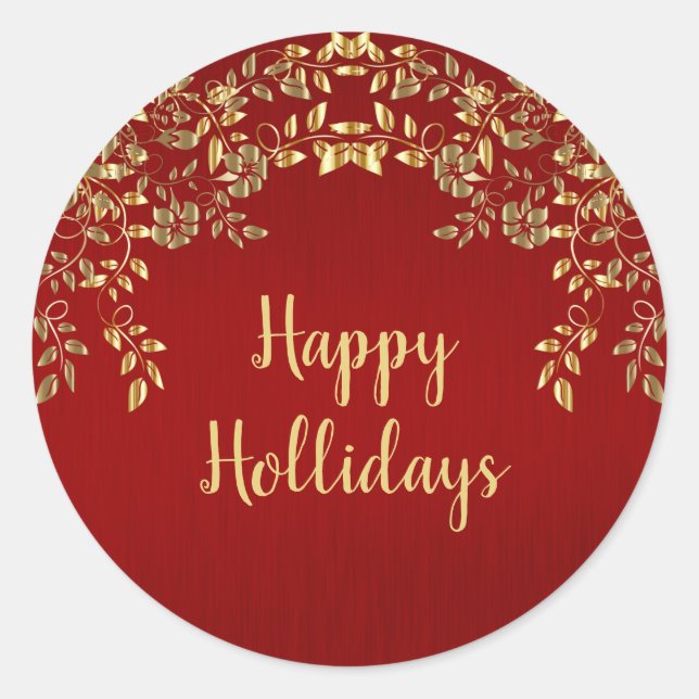 Christmas Golden Leaves Red Holidays Classic Round Sticker (Front)