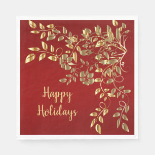 Christmas Golden Leaves Red Holidays Napkin