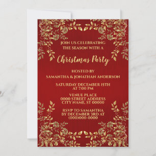 Christmas Golden Leaves Red Holidays Party Invitation