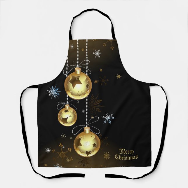 Christmas Golden Ornaments Shiny Stars Black Apron (Front)