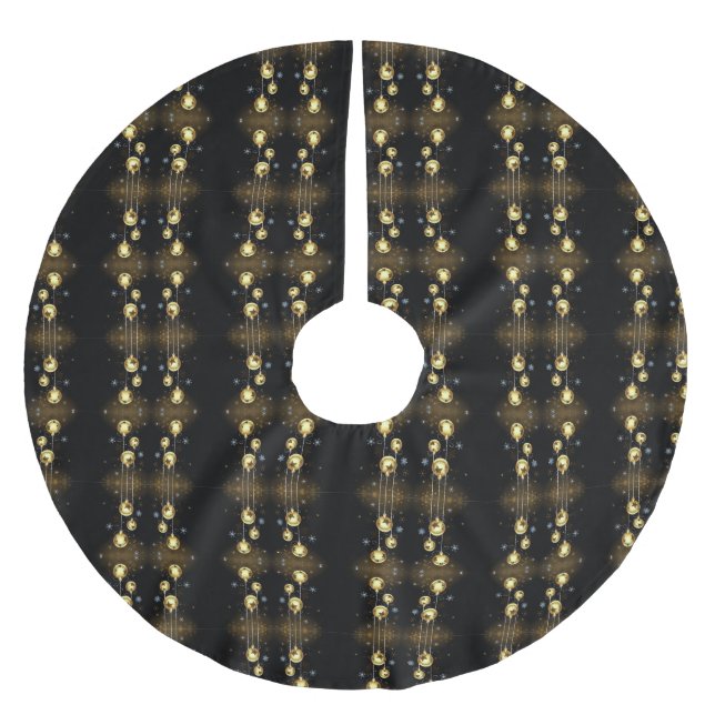 Christmas Golden Ornaments Shiny Stars Black Brush Brushed Polyester Tree Skirt (Front)