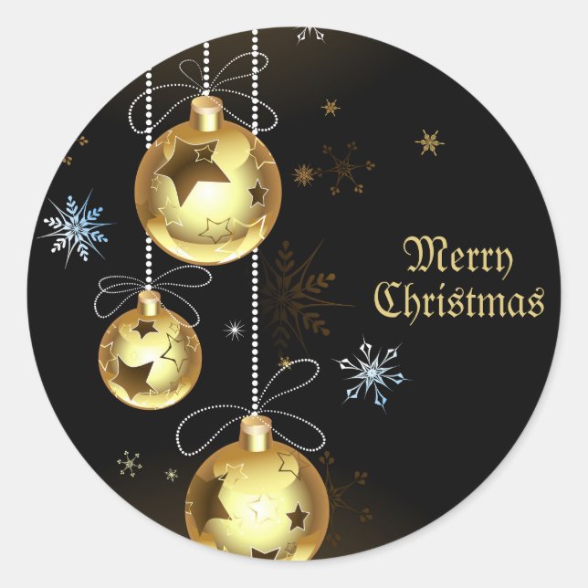 Christmas Golden Ornaments Shiny Stars Black Classic Round Sticker (Front)