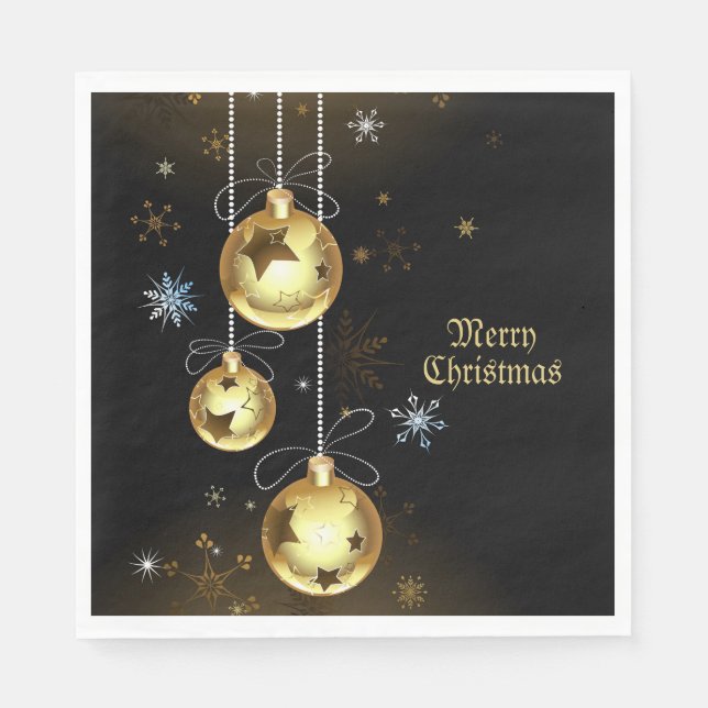Christmas Golden Ornaments Shiny Stars Black Napkin (Front)