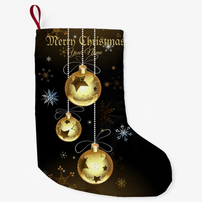 Christmas Golden Ornaments Shiny Stars Black Small Christmas Stocking (Front)