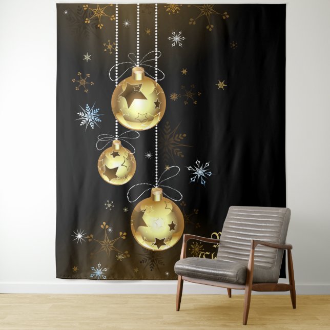 Christmas Golden Ornaments Shiny Stars Black Tapestry (In Situ)