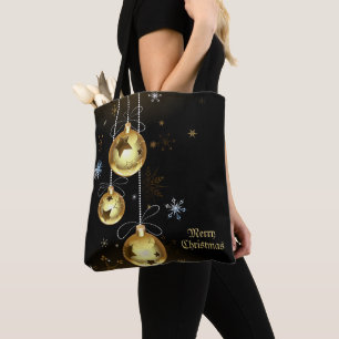 Christmas Golden Ornaments Shiny Stars Black Tote Bag