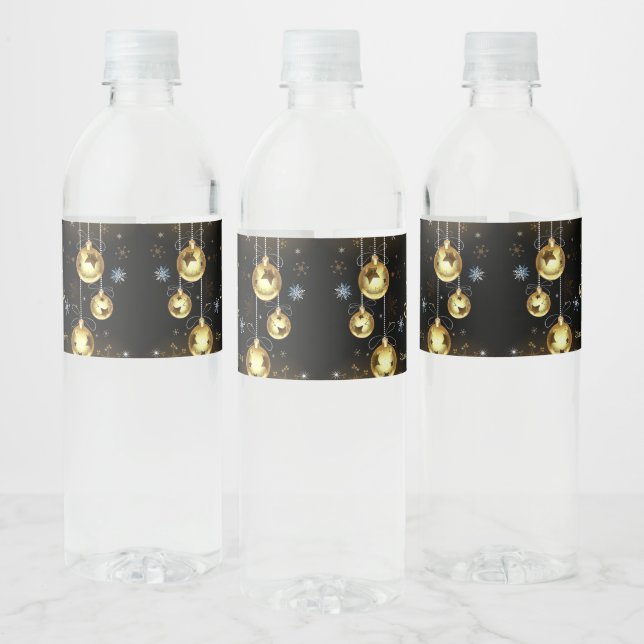 Christmas Golden Ornaments Shiny Stars Black Water Bottle Label (Bottles)