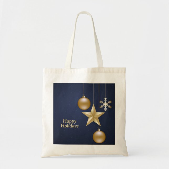Christmas Golden Ornaments Stars Navy Blue Elegant Tote Bag (Front)