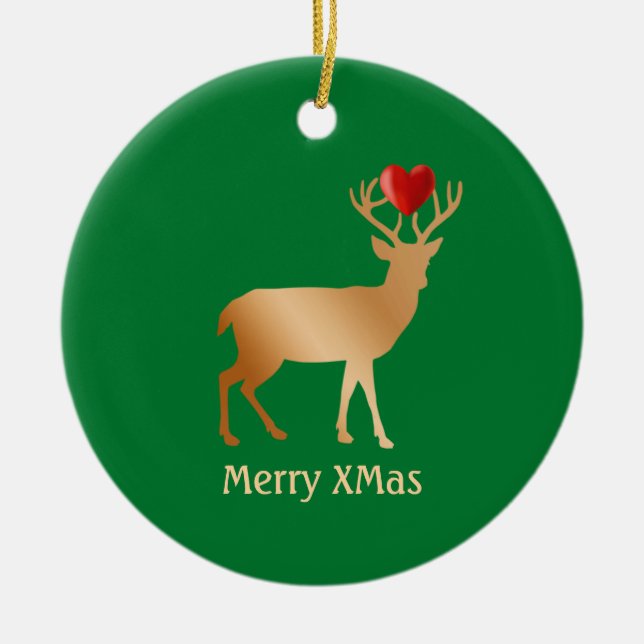 Christmas golden reindeer on green ceramic tree decoration (Front)