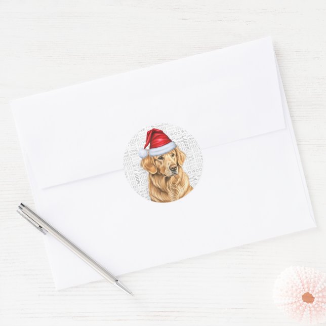 Christmas Golden Retriever and Woof Art Dog Lover Classic Round Sticker (Envelope)